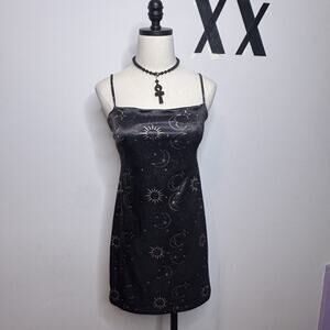 Vintage Y2K Black Satin Square Neck Mini Dress • Sun Moon Whimsygoth Indie M